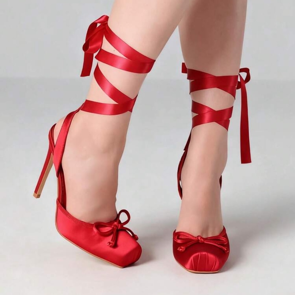 Elegant Red Satin Lace-Up Heels